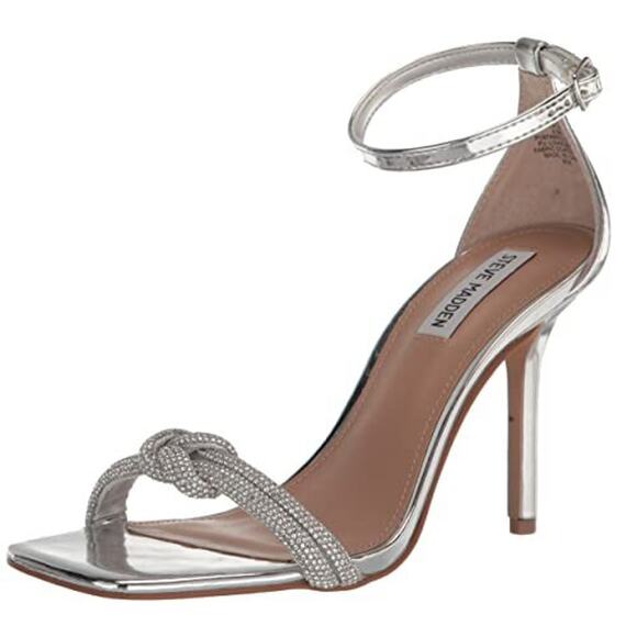 Steve Madden Confeti Silver Womens 8 Ankle Strap Open Squared Toe Heeled Sandals - Picture 1 of 10